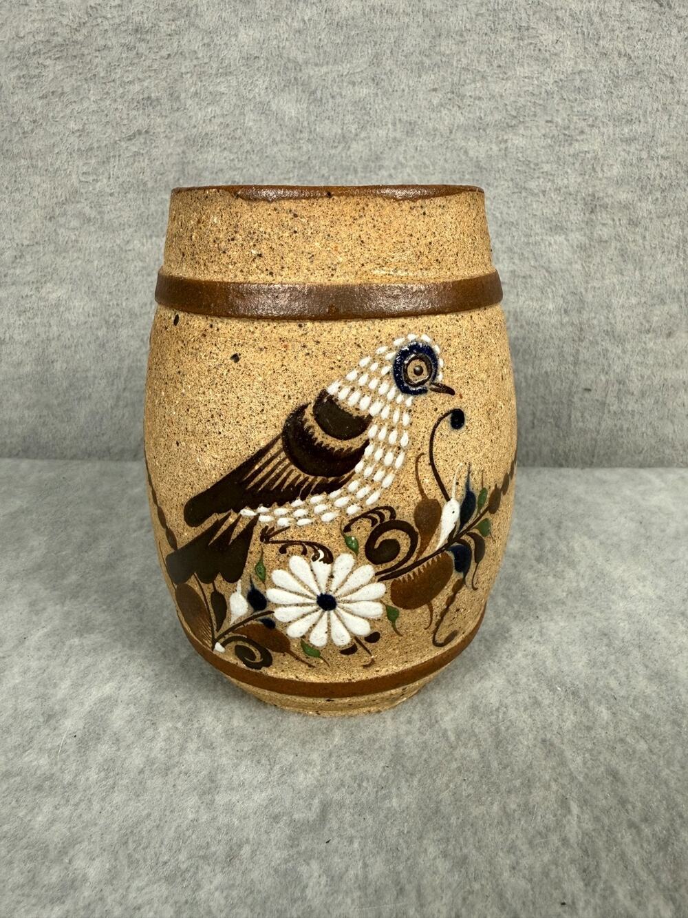 Tonala Mexican Pottery Sandstone Mug Hand Painted Bird Flower Signed Letra 5.5"